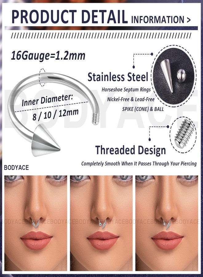 BodyAce 16G Spike Septum Rings Horseshoe Nose Rings, Stainless Steel Daith Helix Tragus Cartilage Earrings Hoop, Rook Lobe Lip Piercing for Women Men (Hoops:8mm) - Image 4